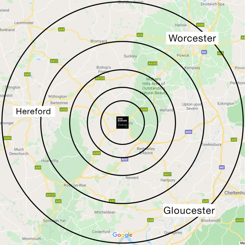 Image depicting the proximity of Ledbury to Worcester, Gloucester and Hereford. Ledbury business networking.