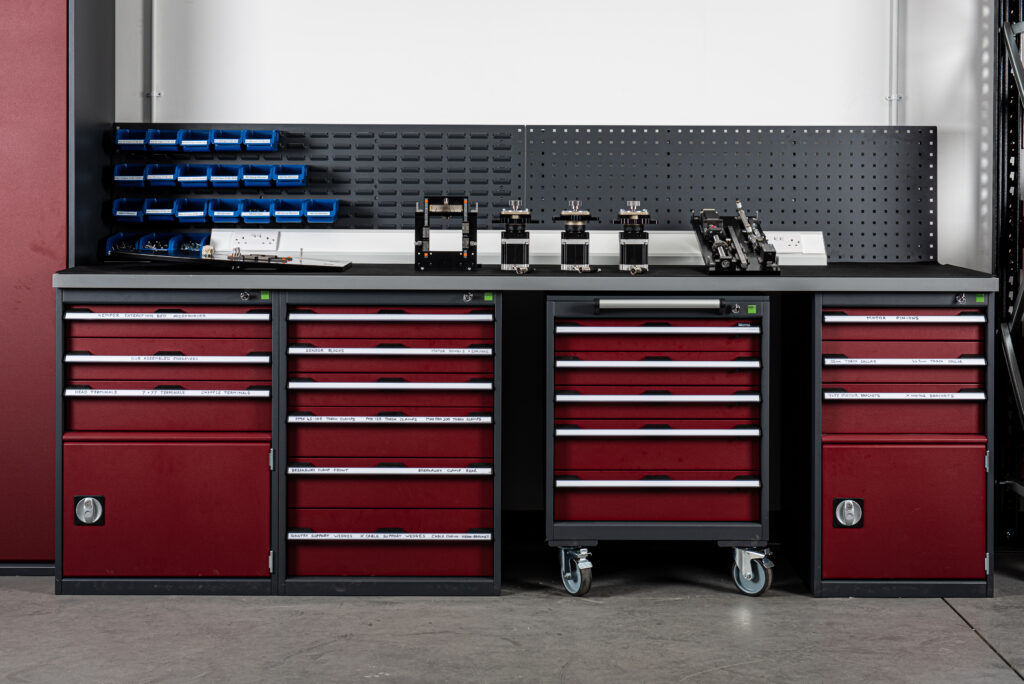 Industrial photography of a workshop workstation with components being manufactured